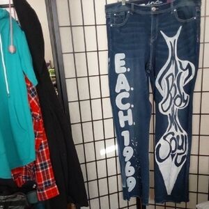 Blue Graphic Jeans with White Lettering